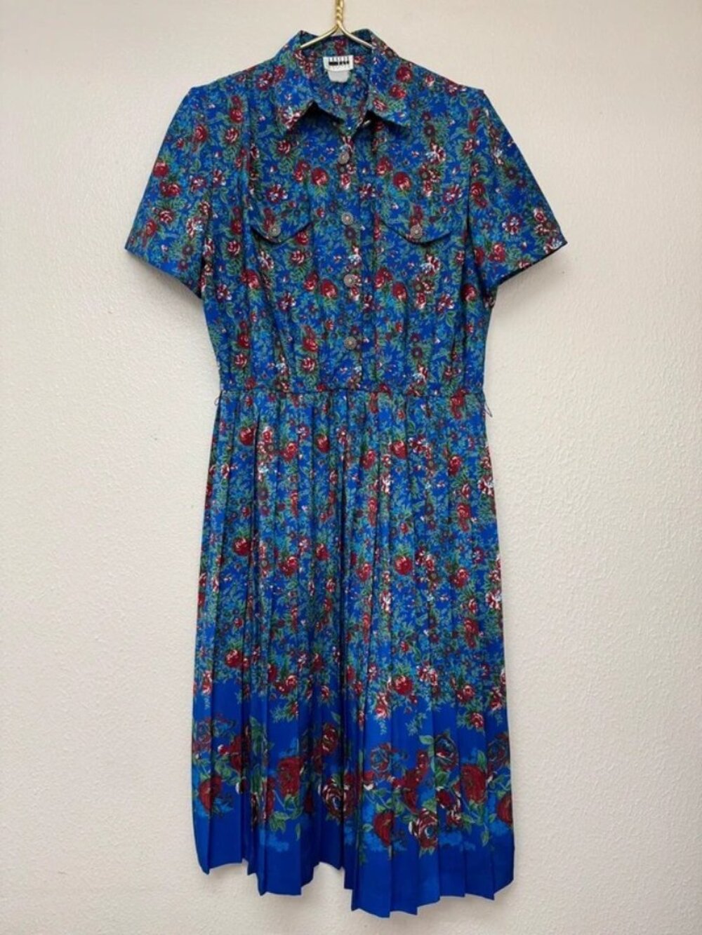 Leslie Fay Dresses Petite Womens Size 6 Floral Blue Short Sleeve Button Pleated